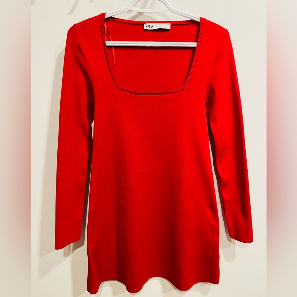 ZARA Red Long Sleeve Square Neck dresse